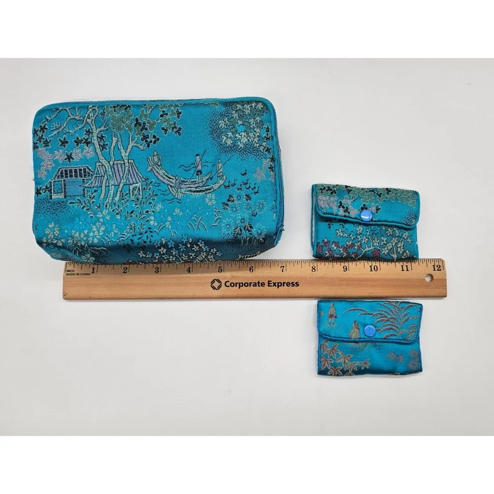 Vintage Blue Brocade 3pc Cosmetic Bag Set Oriental Landscape Travel Pouches